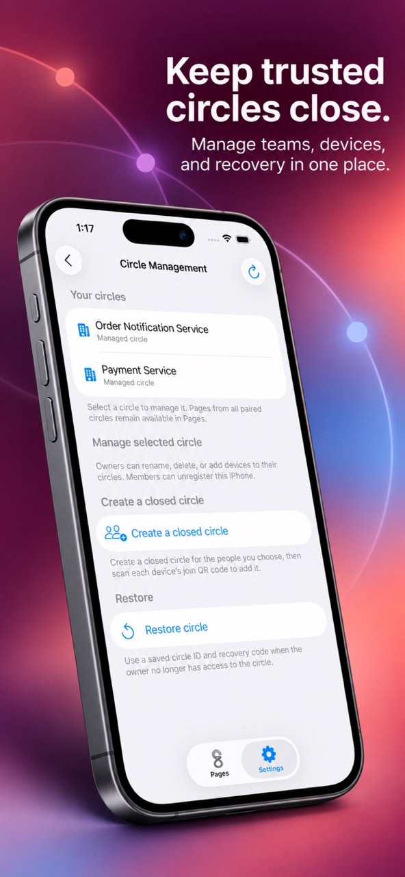 Sevloom circle management displayed on an iPhone
